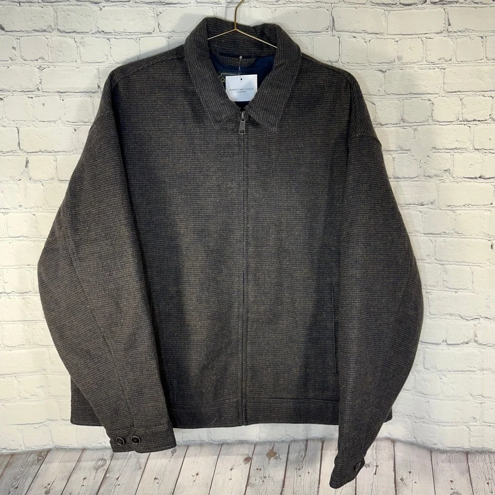 NEW American Eagle Mens Brown Wool Blend Full Zip Harrington Jacket Large Check